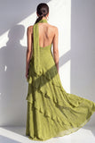 Robe Maxi en mousseline jaune à col nu et volants