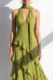 Robe Maxi en mousseline jaune à col nu et volants