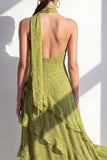 Robe Maxi en mousseline jaune à col nu et volants