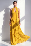 Robe Maxi en mousseline jaune à col nu et volants