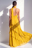 Robe Maxi en mousseline jaune à col nu et volants