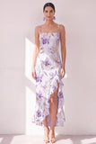 Robe midi à volants à fausses fleurs lilas, bandes fines en chiffon