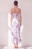 Robe midi à volants à fausses fleurs lilas, bandes fines en chiffon