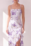 Robe midi à volants à fausses fleurs lilas, bandes fines en chiffon