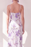 Robe midi à volants à fausses fleurs lilas, bandes fines en chiffon
