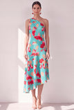 Robe midi asymétrique à une épaule fleur rouge