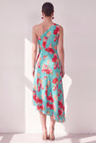 Robe midi asymétrique à une épaule fleur rouge