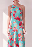 Robe midi asymétrique à une épaule fleur rouge