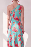 Robe midi asymétrique à une épaule fleur rouge