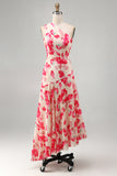 Robe midi asymétrique à une épaule fleur rouge