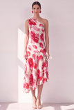 Robe midi asymétrique à une épaule fleur rouge