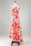 Robe midi asymétrique à une épaule fleur rouge