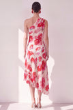 Robe midi asymétrique à une épaule fleur rouge