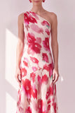 Robe midi asymétrique à une épaule fleur rouge