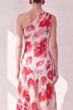 Robe midi asymétrique à une épaule fleur rouge