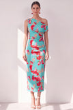 Robe Midi froncée à une épaule à fleur bleue, rouge