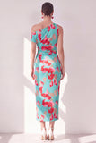 Robe Midi froncée à une épaule à fleur bleue, rouge