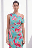 Robe Midi froncée à une épaule à fleur bleue, rouge