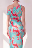 Robe Midi froncée à une épaule à fleur bleue, rouge