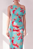 Robe Midi froncée à une épaule à fleur bleue, rouge