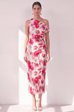 Robe Midi froncée à une épaule à fleur bleue, rouge