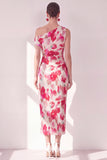 Robe Midi froncée à une épaule à fleur bleue, rouge