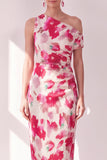 Robe Midi froncée à une épaule à fleur bleue, rouge