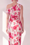 Robe Midi froncée à une épaule à fleur bleue, rouge