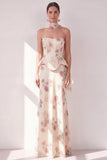 Corset sans bretelles abricot robe florale maxi avec écharpe au col