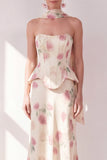 Corset sans bretelles abricot robe florale maxi avec écharpe au col