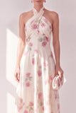 Robe midi fleurie midi à col nu abricot