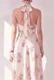 Robe midi fleurie midi à col nu abricot