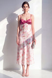 Robe midi fleurie à bretelles fines en satin rose en ligne A