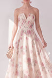 Robe midi à fleurs midi en chiffon abricot sans bretelles