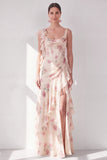 Robe Maxi à fleurs à volants corset en chiffon abricot et sirène à fentes