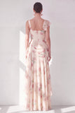 Robe Maxi à fleurs à volants corset en chiffon abricot et sirène à fentes