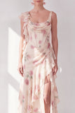 Robe Maxi à fleurs à volants corset en chiffon abricot et sirène à fentes
