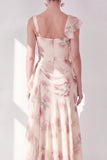 Robe Maxi à fleurs à volants corset en chiffon abricot et sirène à fentes