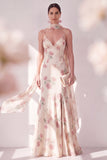 Robe Maxi à bretelles en chiffon en chiffon abricot à longues bretelles Maxi florales avec fente