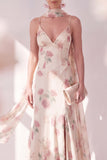 Robe Maxi à bretelles en chiffon en chiffon abricot à longues bretelles Maxi florales avec fente