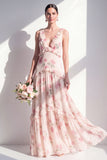 Robe longue de demoiselle d’honneur en mousseline en V à motifs floraux abricot avec volants