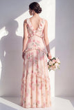 Robe longue de demoiselle d’honneur en mousseline en V à motifs floraux abricot avec volants