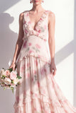 Robe longue de demoiselle d’honneur en mousseline en V à motifs floraux abricot avec volants
