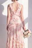 Robe longue de demoiselle d’honneur en mousseline en V à motifs floraux abricot avec volants