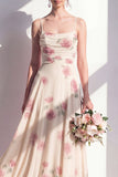 Robe longue de demoiselle d’honneur en chiffon fleur abricot