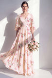 Robe longue longue de demoiselle d’honneur en chiffon abricot abricot à col en V et froncée avec manches évasées