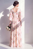 Robe longue longue de demoiselle d’honneur en chiffon abricot abricot à col en V et froncée avec manches évasées