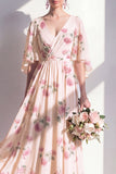 Robe longue longue de demoiselle d’honneur en chiffon abricot abricot à col en V et froncée avec manches évasées