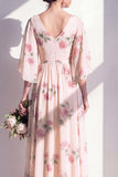 Robe longue longue de demoiselle d’honneur en chiffon abricot abricot à col en V et froncée avec manches évasées