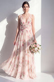 Robe longue longue de demoiselle d’honneur en chiffon abricot abricot à col en V à fleurs froncées A-Line
